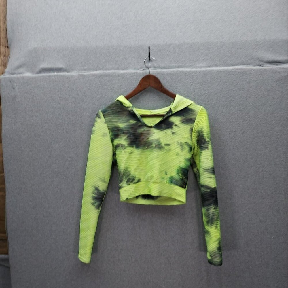 Neon Green & Black Tie-Dye Long-Sleeve Hooded Crop Top L/XL Polyester/Spandex Bl